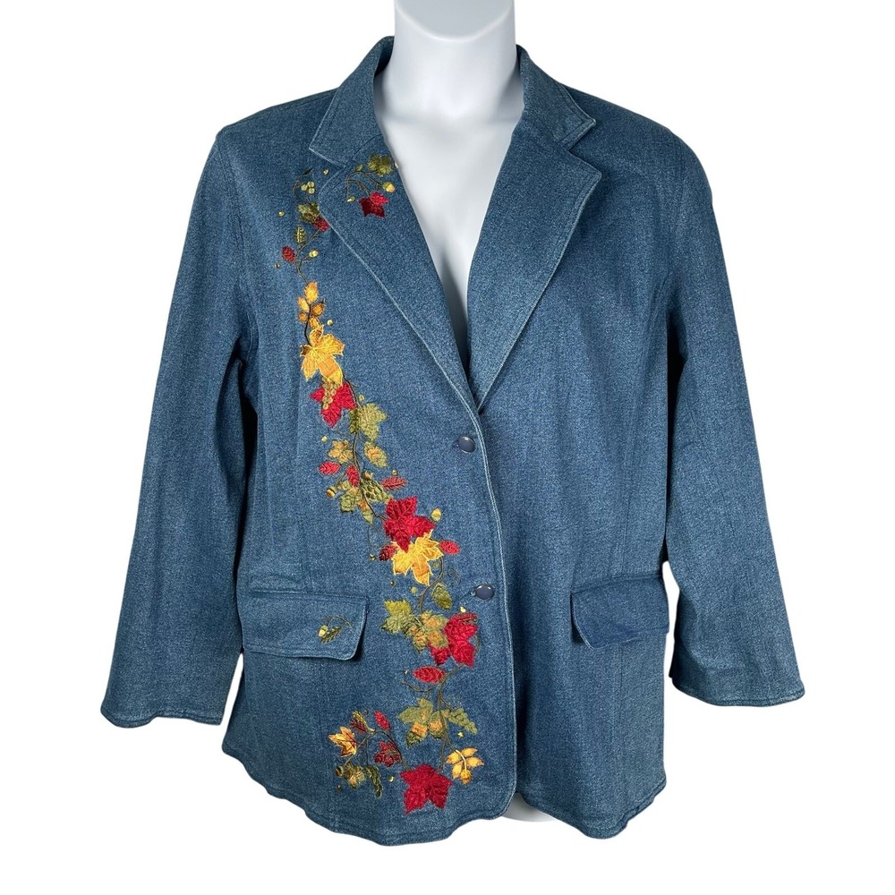 Dianes Essentials Blazer Jacket Approx 1X Denim Color Fall Leaves Embroidery